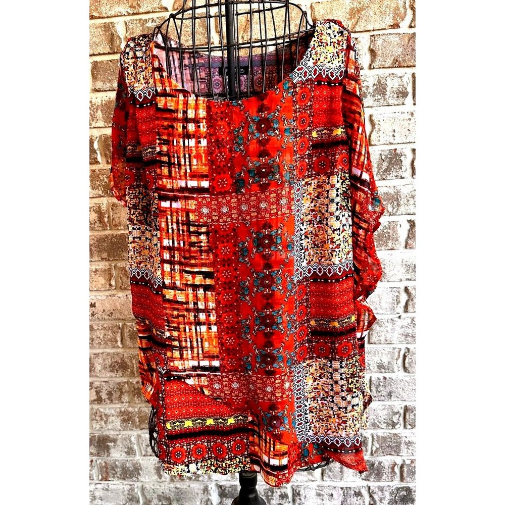 Ava & Grace Woman Asymmetrical Overlay Top 3X  Floral Abstract Dolman Sl…